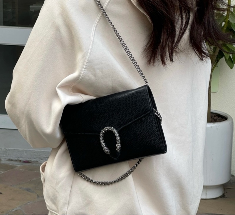 GUCCI 古馳 Dionysus 雙虎頭搭扣鏈條 皮革 錢包斜挎單肩包女款 黑色-2