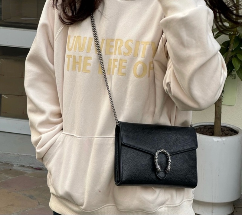 GUCCI 古馳 Dionysus 雙虎頭搭扣鏈條 皮革 錢包斜挎單肩包女款 黑色-3