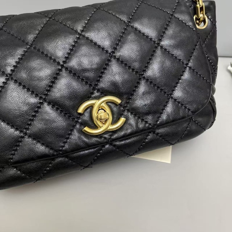 Chanel香奈兒 cf系列 黑金牛皮菱格泡芙雲朵包 肩背包 14開-5