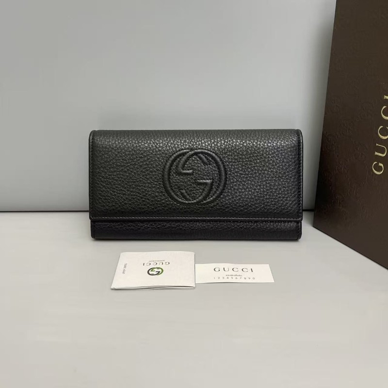 Gucci古馳 soho黑色牛皮荔枝雙G長款錢包 長夾 銀包 🈶盒子-0