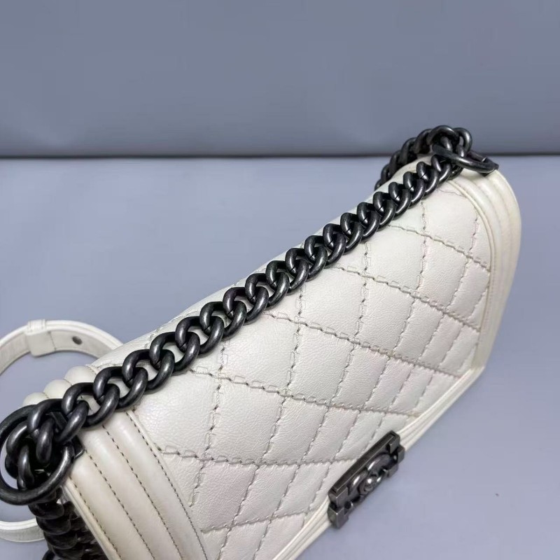 Chanel香奈兒 leboy中號米色牛皮外縫線 肩背包 斜背包 21開-4