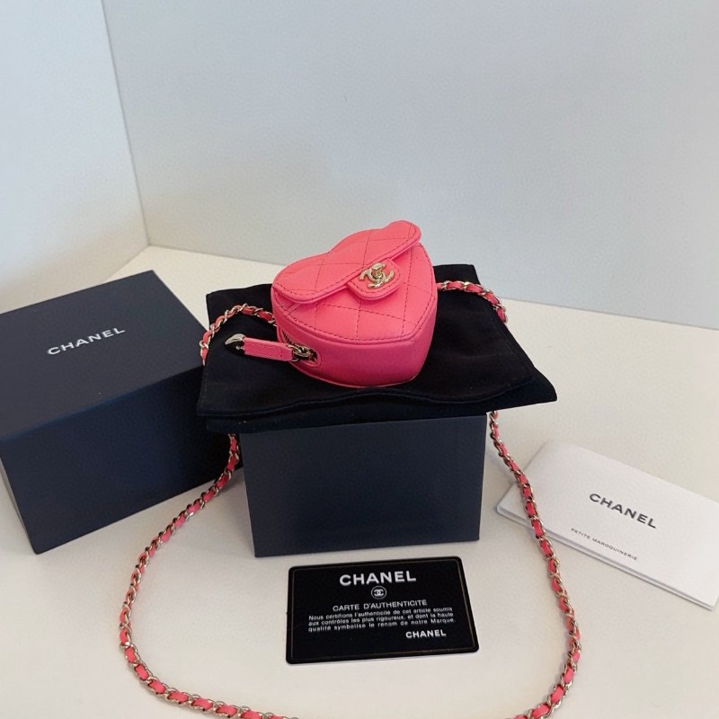 極新⭐Chanel香奈兒 Mini 粉色愛心長項鍊掛包 耳機/腰包 32開-2