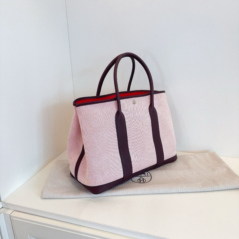 Hermes 愛馬仕 GP36 garden party 花園包 Z刻 深酒紅皮拼淡粉帆布-1