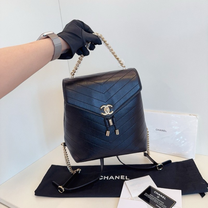Chanel 香奈兒 黑金復古V紋牛皮 雙肩包 後背包 26開帶卡/購鉦-7