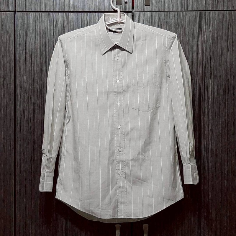 (日本製MIJ)BURBERRY 博柏利 LONDON 男卡其灰條紋長袖襯衫37-80-0
