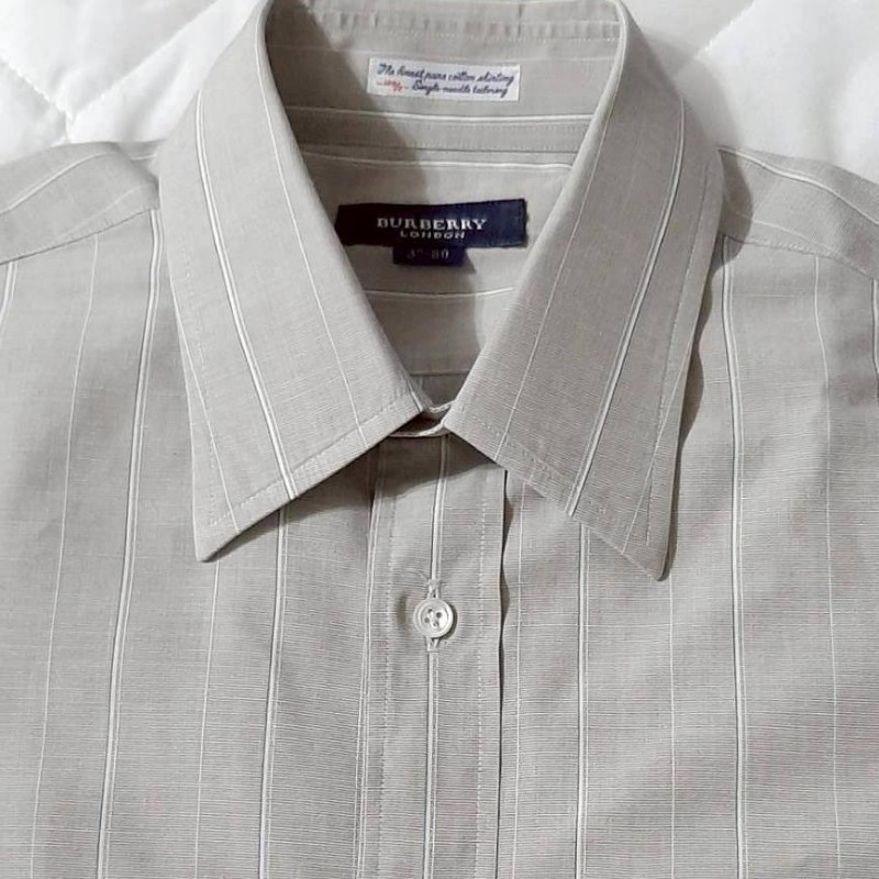 (日本製MIJ)BURBERRY 博柏利 LONDON 男卡其灰條紋長袖襯衫37-80-2