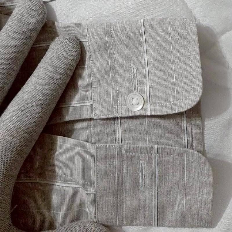 (日本製MIJ)BURBERRY 博柏利 LONDON 男卡其灰條紋長袖襯衫37-80-5