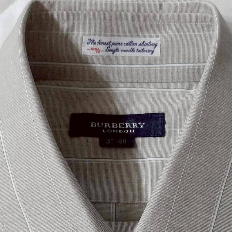 (日本製MIJ)BURBERRY 博柏利 LONDON 男卡其灰條紋長袖襯衫37-80-6