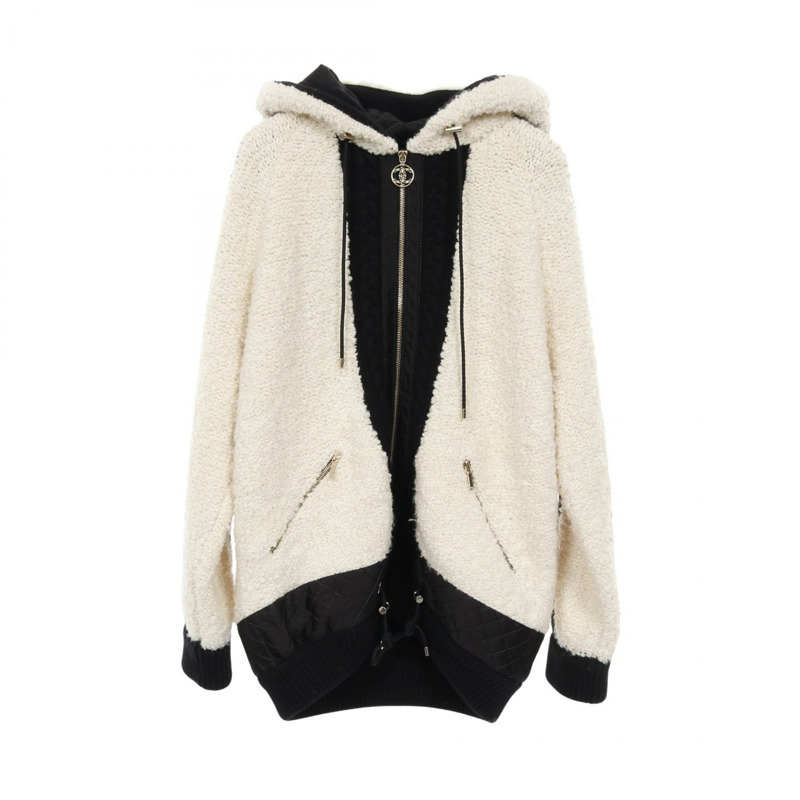 CHANEL COCO 馬克拉鍊絎縫針織連帽衫其他夾克羊毛羊絨白色黑色二手女款-0