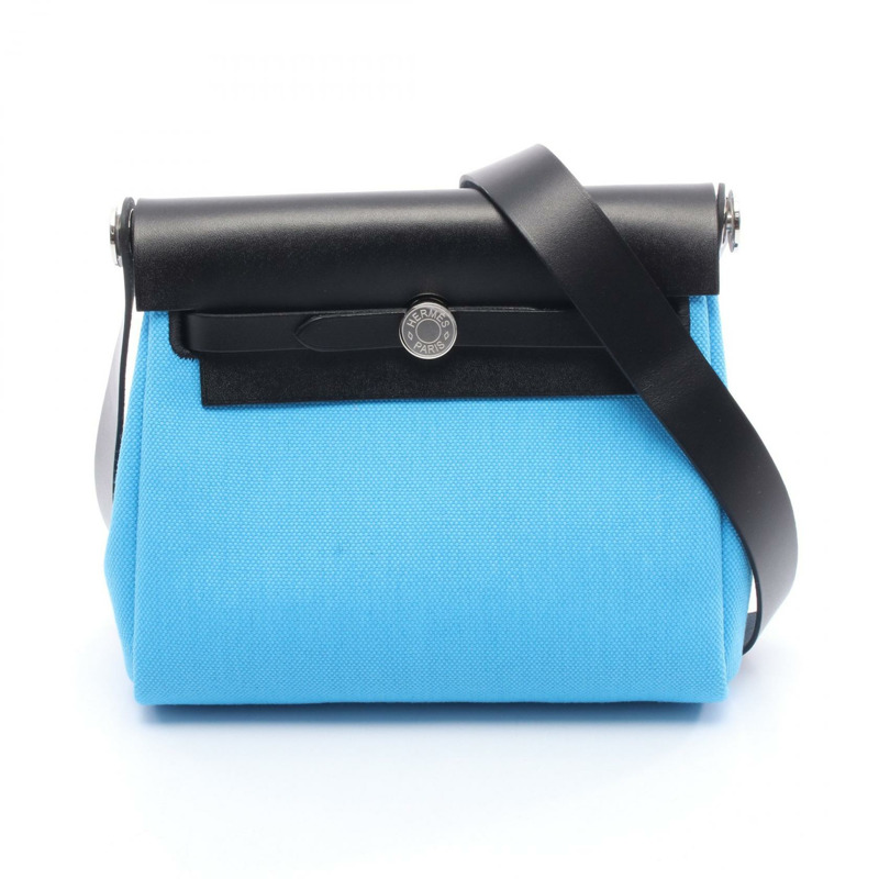 HERMES Herbag 拉鍊迷你單肩包 K Toile Militaire 皮革 Bleu Riviera SHW-0