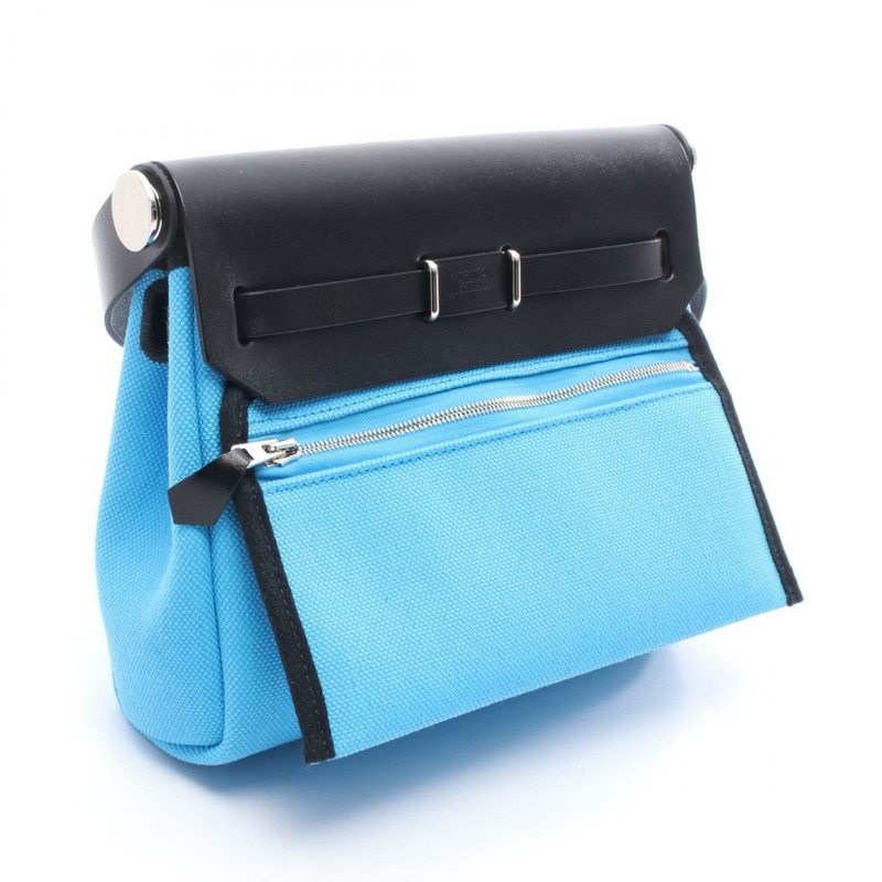 HERMES Herbag 拉鍊迷你單肩包 K Toile Militaire 皮革 Bleu Riviera SHW-1