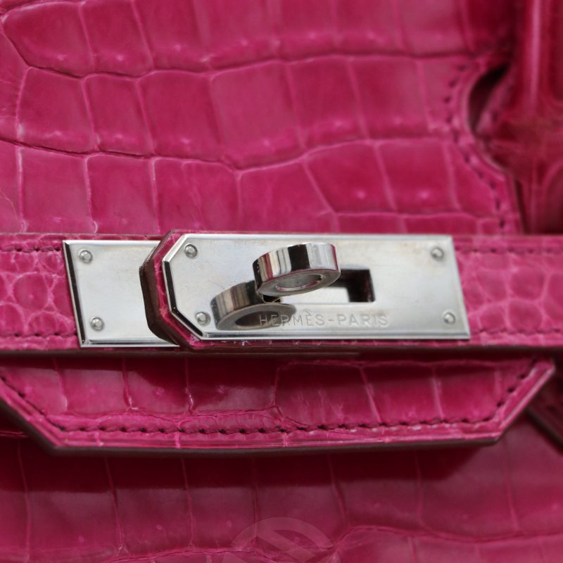 【飛天馬精品】HERMES 愛馬仕-手提包 Birkin 30 Porosus灣鱷 銀扣 天方夜譚粉紫 "F刻"-4