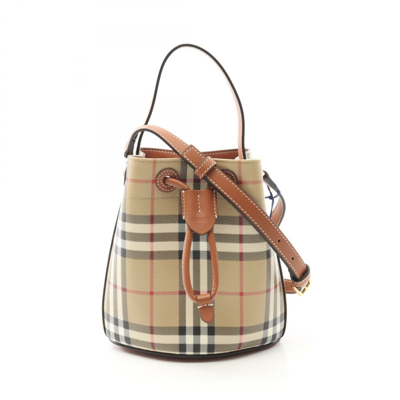 BURBERRY Vintage 格紋水桶肩包 8109794 帆布皮革米棕色-0