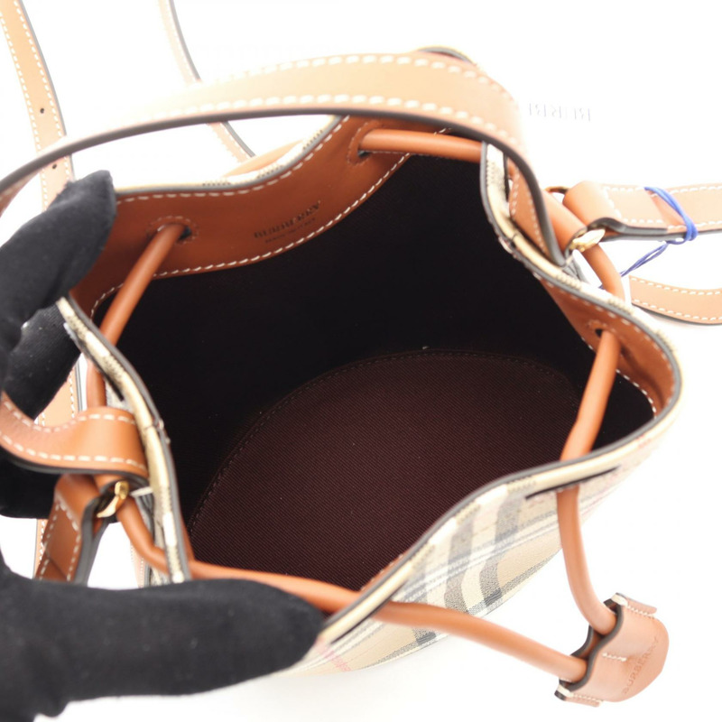 BURBERRY Vintage 格紋水桶肩包 8109794 帆布皮革米棕色-2
