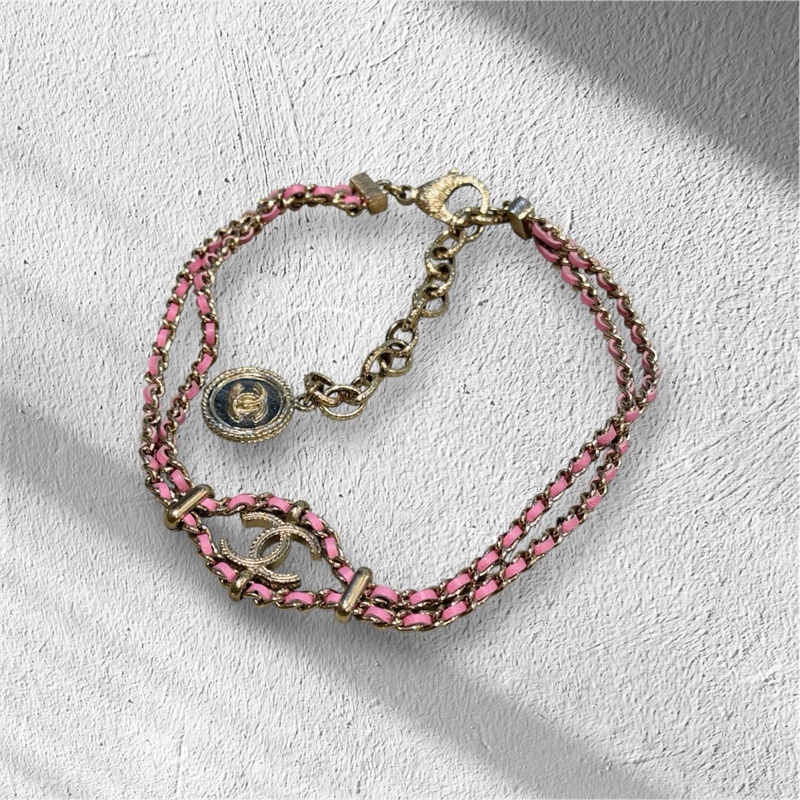 CHANEL 粉紅皮穿鍊項鍊-0