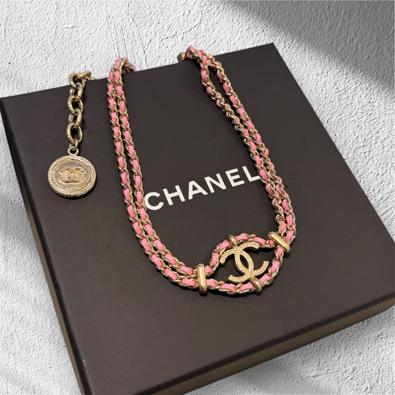 CHANEL 粉紅皮穿鍊項鍊-4