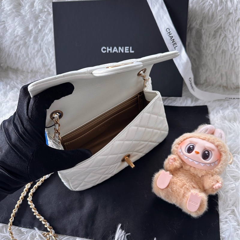 香奈兒 Chanel 22c cf mini 白色 金球 羊皮 單肩 斜挎-5
