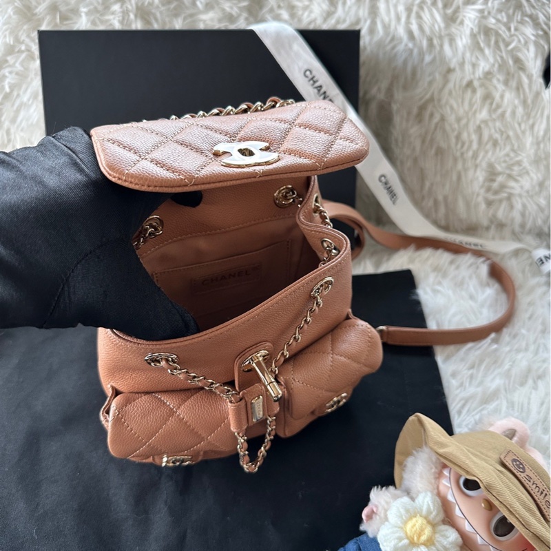 香奈兒 Chanel 23p duma 青蛙包 書包 雙肩包 背包 荔枝牛皮 深米色-6