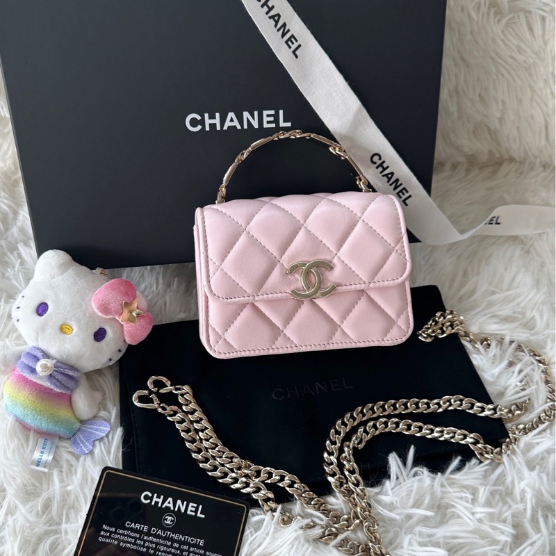 香奈兒 Chanel 22s 琺瑯手柄 小廢包 羊皮 淡粉色/櫻花粉 手提/斜挎包-1