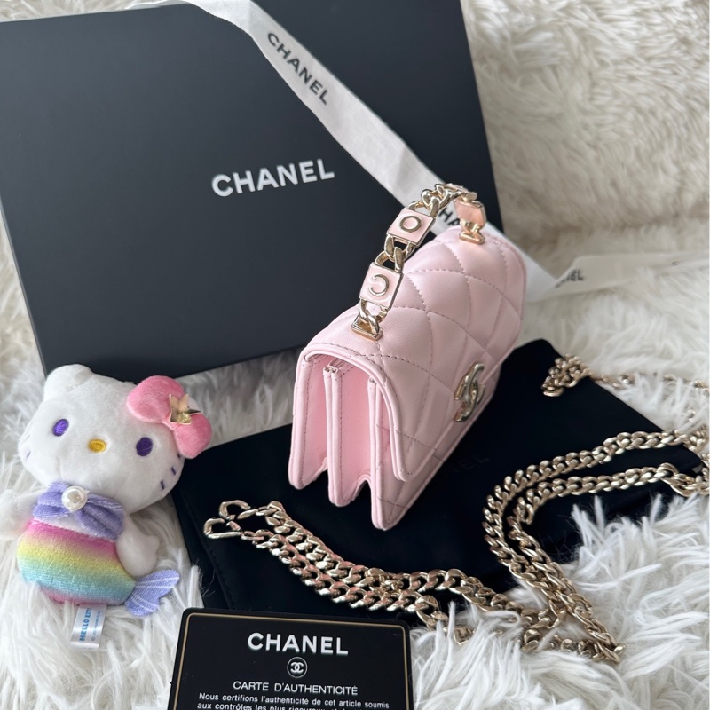 香奈兒 Chanel 22s 琺瑯手柄 小廢包 羊皮 淡粉色/櫻花粉 手提/斜挎包-2
