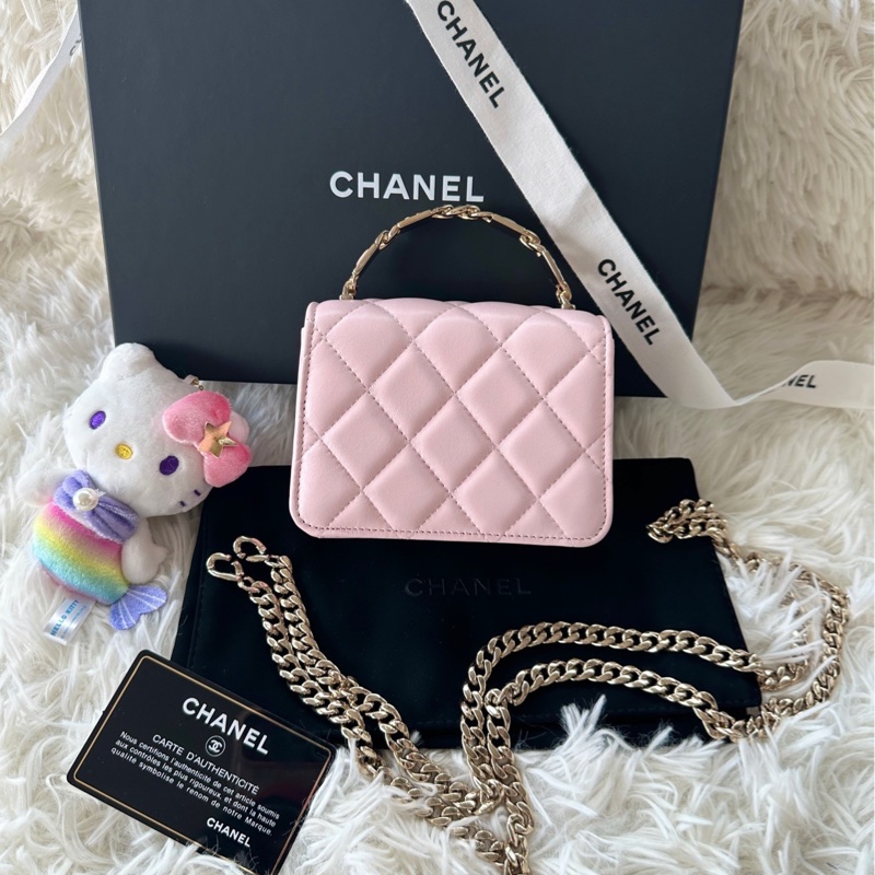 香奈兒 Chanel 22s 琺瑯手柄 小廢包 羊皮 淡粉色/櫻花粉 手提/斜挎包-3