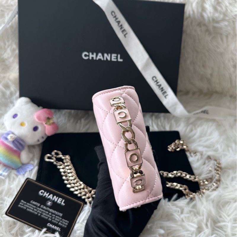香奈兒 Chanel 22s 琺瑯手柄 小廢包 羊皮 淡粉色/櫻花粉 手提/斜挎包-4