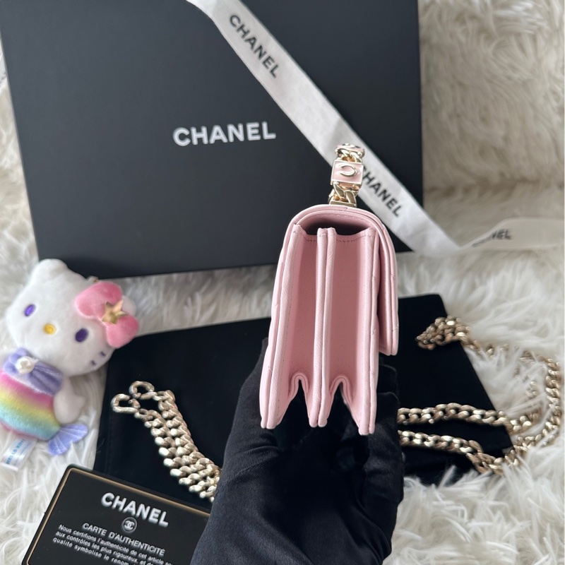 香奈兒 Chanel 22s 琺瑯手柄 小廢包 羊皮 淡粉色/櫻花粉 手提/斜挎包-5