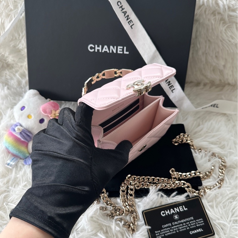 香奈兒 Chanel 22s 琺瑯手柄 小廢包 羊皮 淡粉色/櫻花粉 手提/斜挎包-7