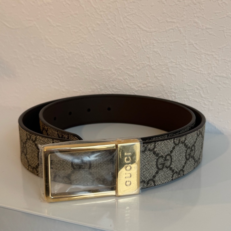 Gucci滿版花紋/咖金釦皮帶85cm-0