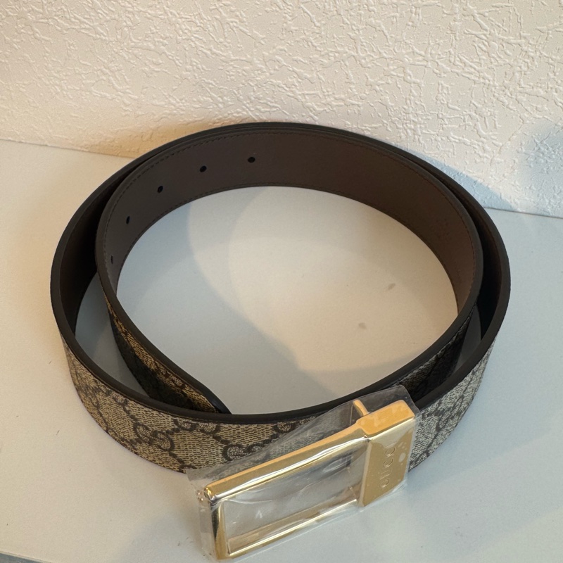 Gucci滿版花紋/咖金釦皮帶85cm-1