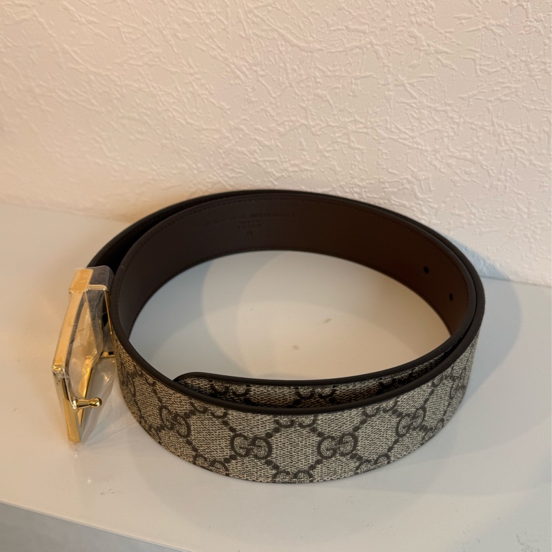 Gucci滿版花紋/咖金釦皮帶85cm-2