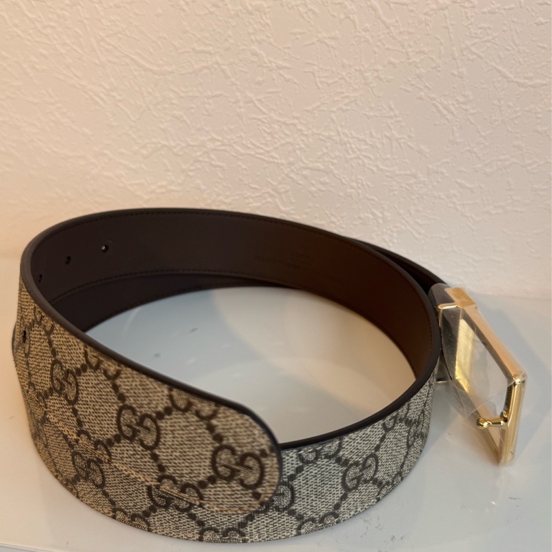 Gucci滿版花紋/咖金釦皮帶85cm-7