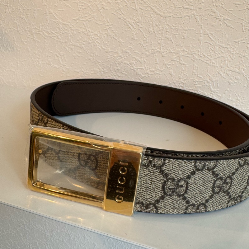 Gucci滿版花紋/咖金釦皮帶85cm-9
