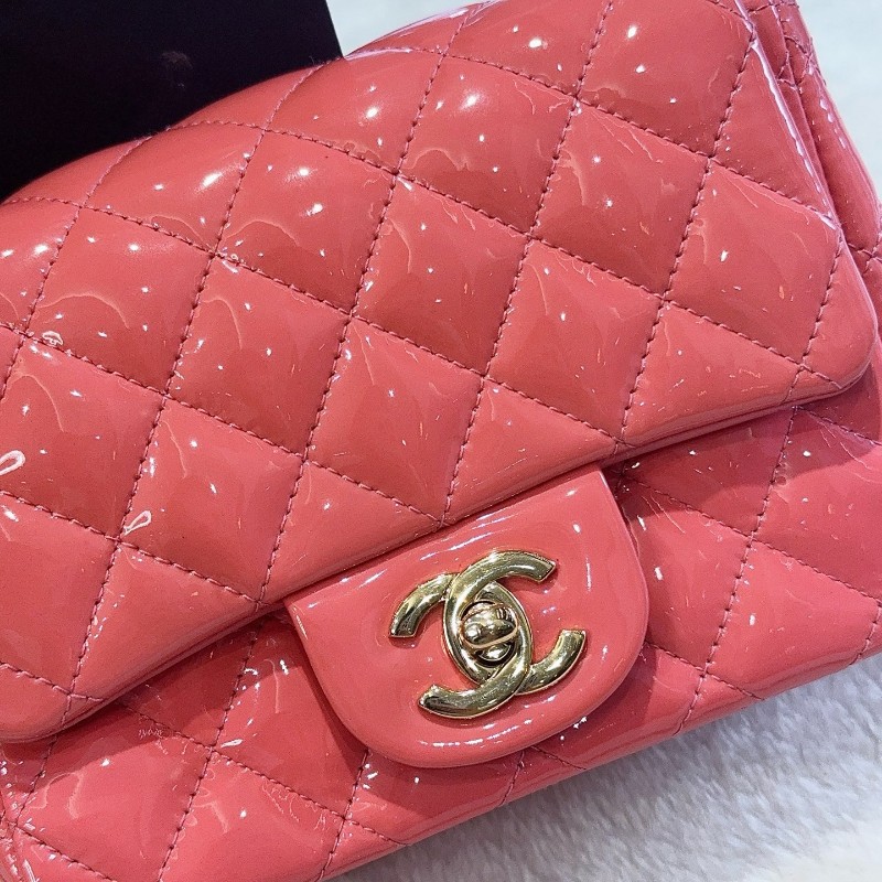Chanel香奈兒 粉色漆皮方胖子 肩背包 斜背包25開-1