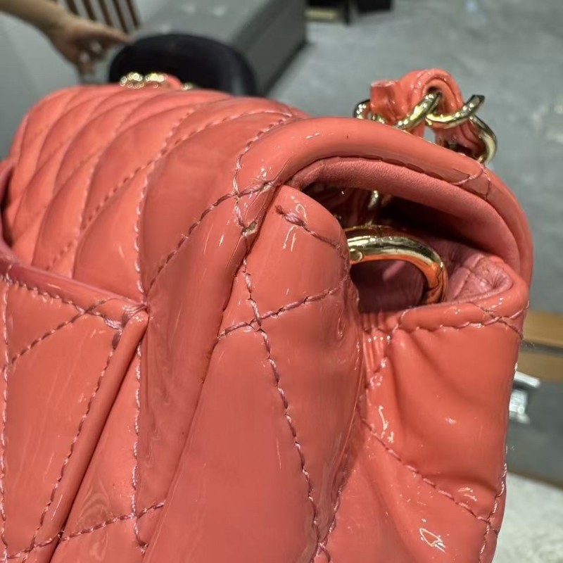 Chanel香奈兒 粉色漆皮方胖子 肩背包 斜背包25開-9