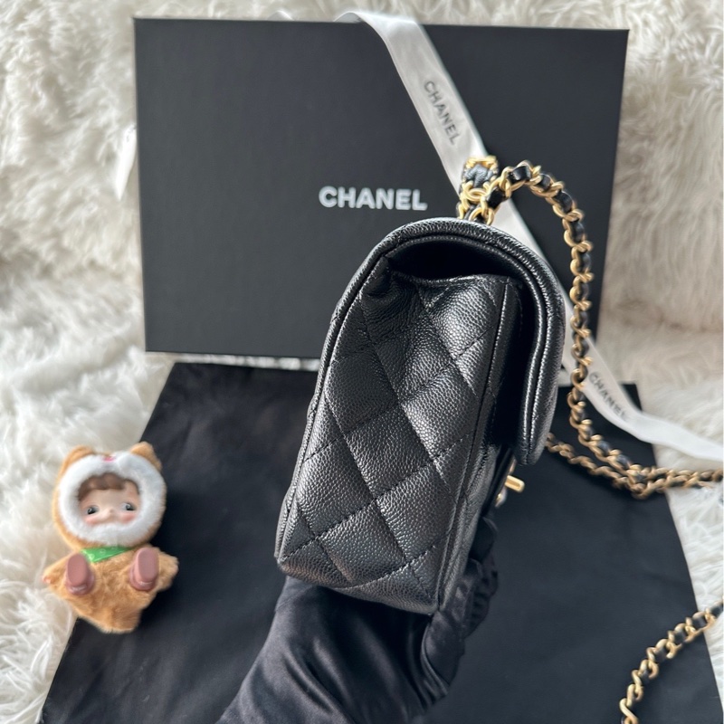 香奈兒 Chanel 25B cf 小號 logo手柄 黑金 手提 斜挎 單肩 荔枝牛皮 黑金-2