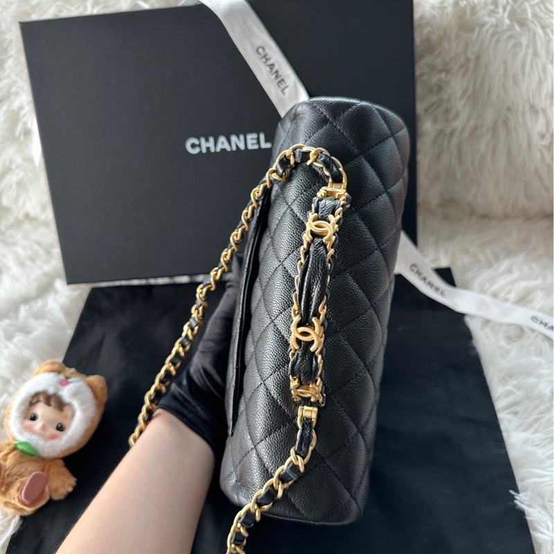 香奈兒 Chanel 25B cf 小號 logo手柄 黑金 手提 斜挎 單肩 荔枝牛皮 黑金-3
