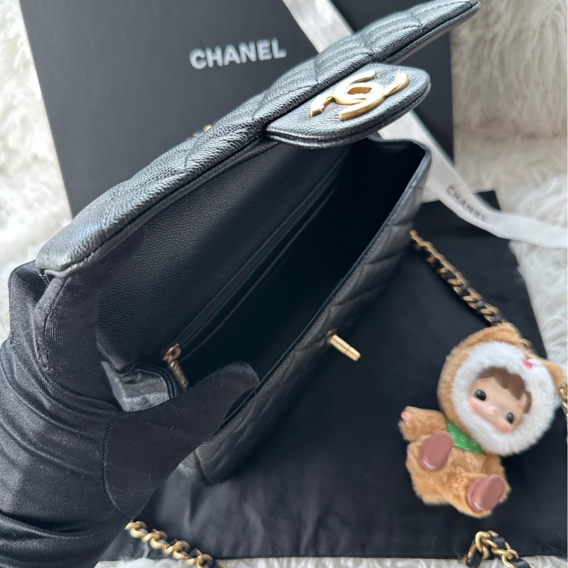 香奈兒 Chanel 25B cf 小號 logo手柄 黑金 手提 斜挎 單肩 荔枝牛皮 黑金-4