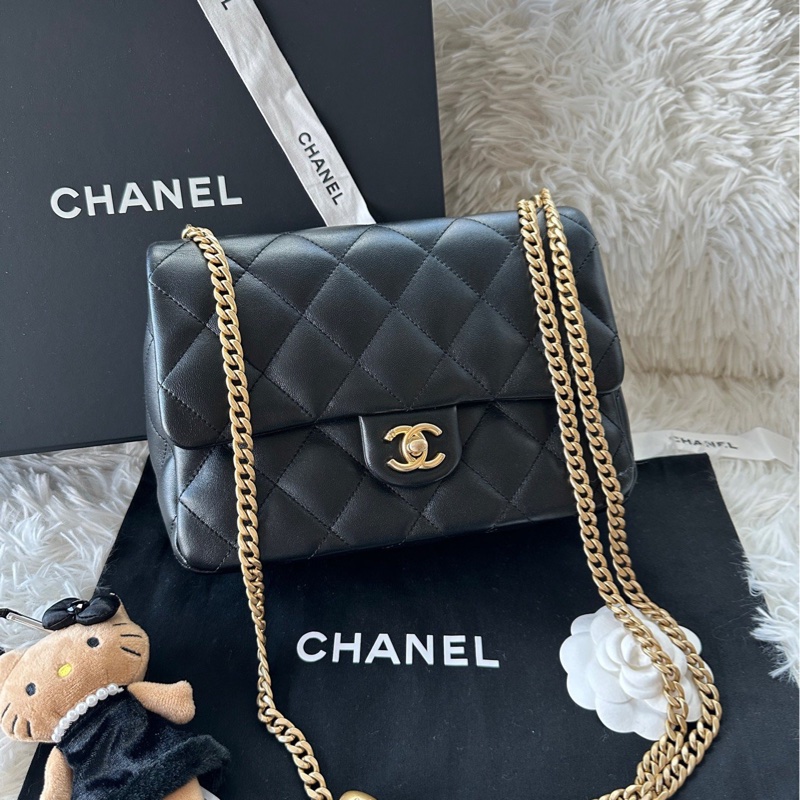 香奈兒 Chanel 25c 羊皮 黑色 愛心金球 調節扣 方胖子 單肩 斜挎 手提-0