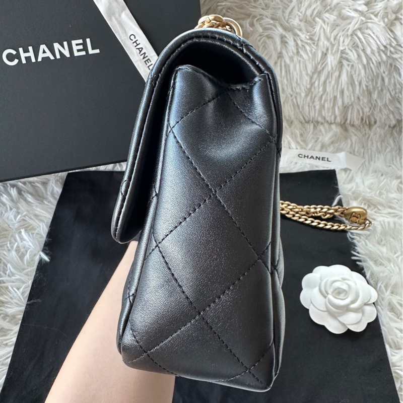 香奈兒 Chanel 25c 羊皮 黑色 愛心金球 調節扣 方胖子 單肩 斜挎 手提-2