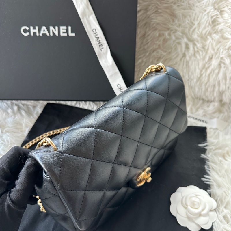 香奈兒 Chanel 25c 羊皮 黑色 愛心金球 調節扣 方胖子 單肩 斜挎 手提-3
