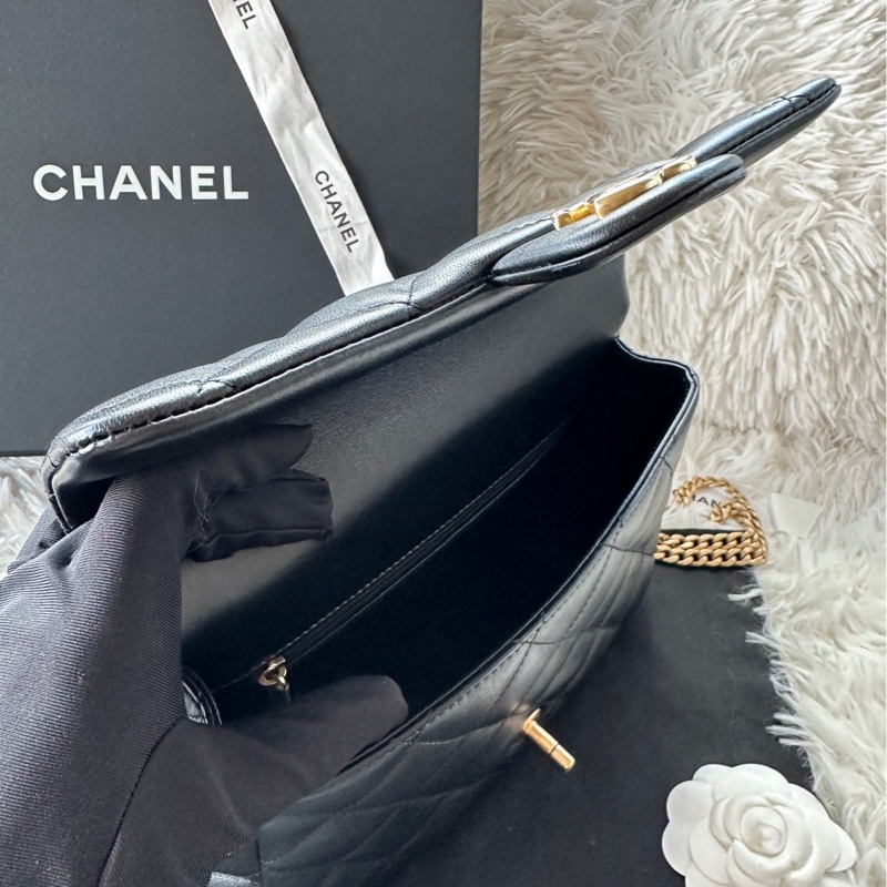 香奈兒 Chanel 25c 羊皮 黑色 愛心金球 調節扣 方胖子 單肩 斜挎 手提-5