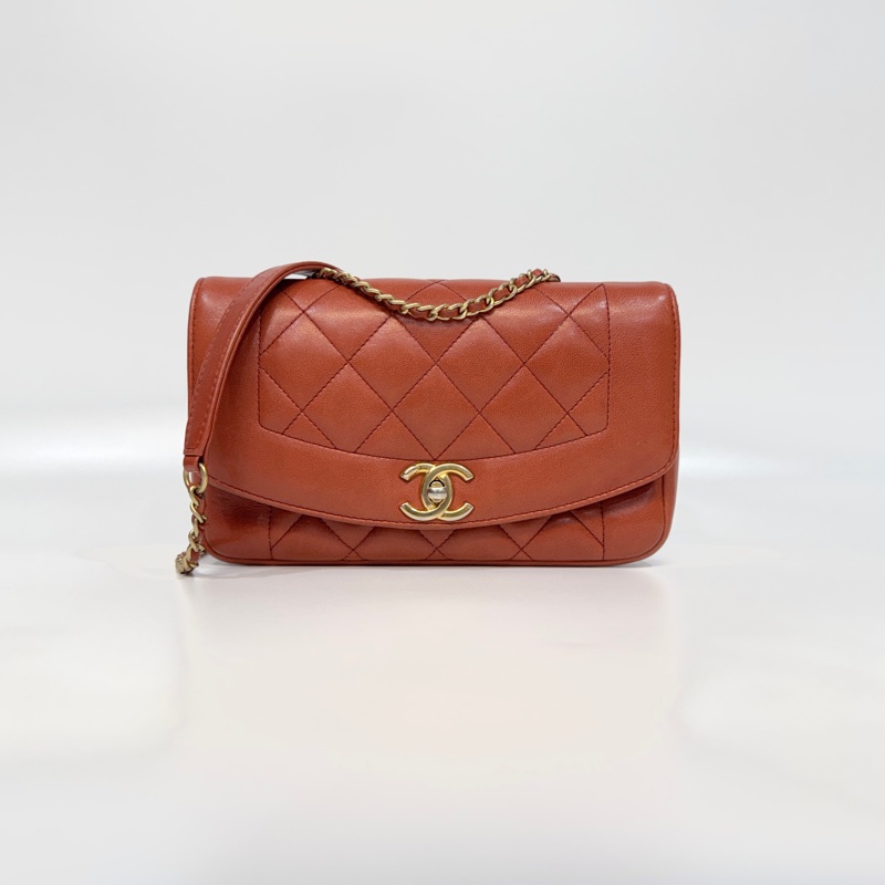 CHANEL磚紅色牛皮金釦Diana肩背包A92734-2