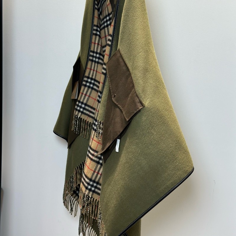 閒置 Burberry 格紋拼接流蘇雙面斗蓬 女款 橄欖綠色-2