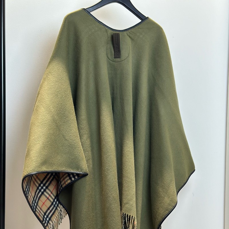 閒置 Burberry 格紋拼接流蘇雙面斗蓬 女款 橄欖綠色-3