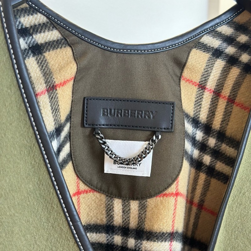 閒置 Burberry 格紋拼接流蘇雙面斗蓬 女款 橄欖綠色-4