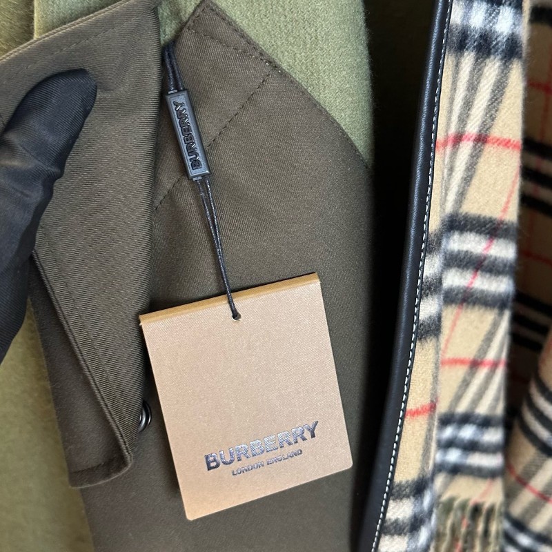 閒置 Burberry 格紋拼接流蘇雙面斗蓬 女款 橄欖綠色-8