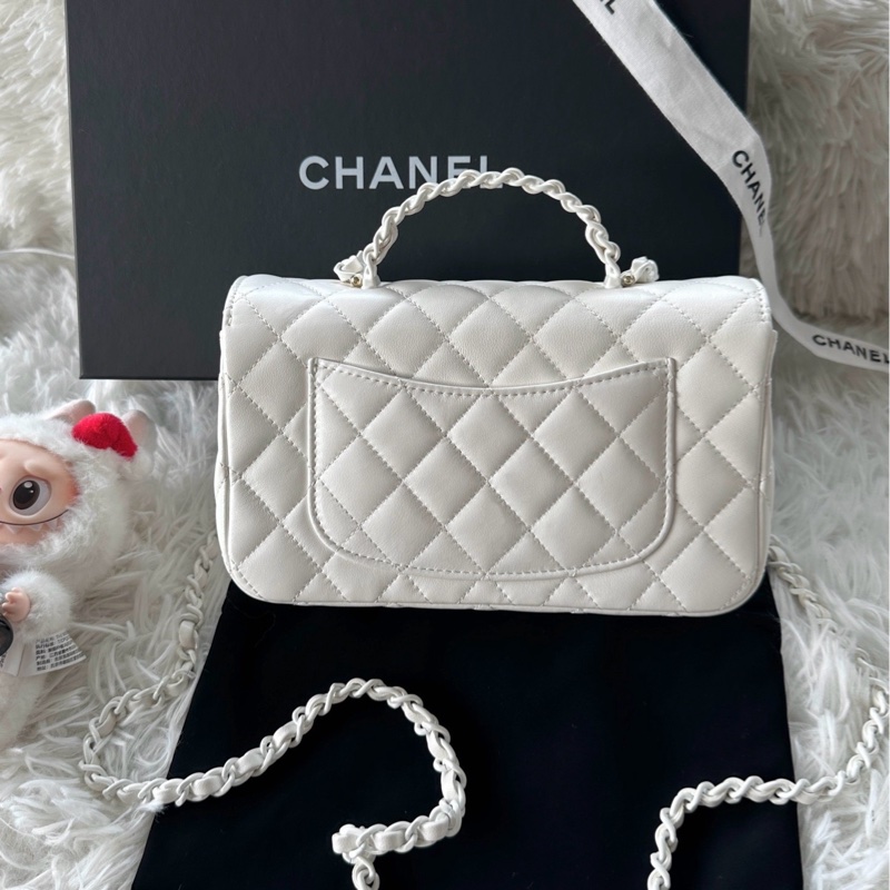 香奈兒 Chanel 手柄 cf mini 25c 純白 羊皮 手提 斜挎 單肩-1