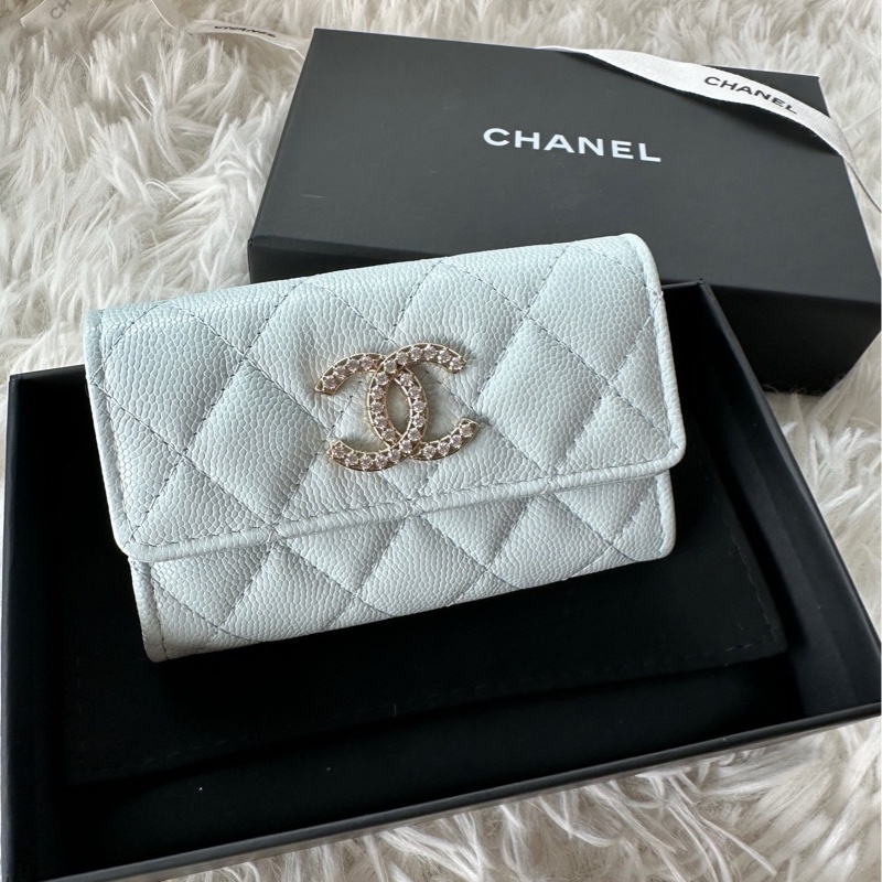 香奈兒 Chanel 卡包 鑽扣 嬰兒藍 荔枝牛皮-1