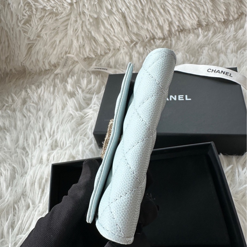 香奈兒 Chanel 卡包 鑽扣 嬰兒藍 荔枝牛皮-4